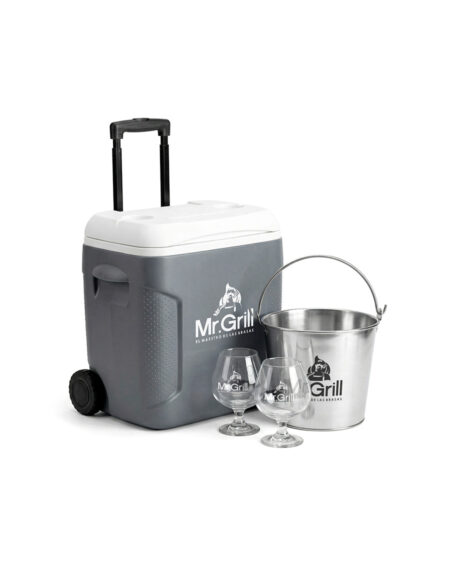 Cooler Mr. Grill 54 Lt + Cubeta para Hielo Mr. Grill de Acero Galvanizada + Set Copones Cerveceros