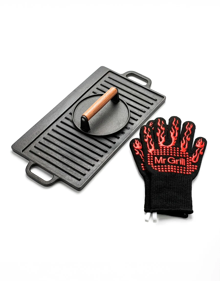 Plancha con Asas 42 cm + Prensador + Guantes Protectores